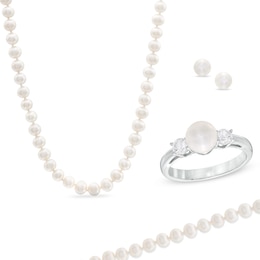 6.5-7.0mm Freshwater Cultured Pearl and Lab-Created White Sapphire Four-Piece Set in Sterling Silver-Size 7