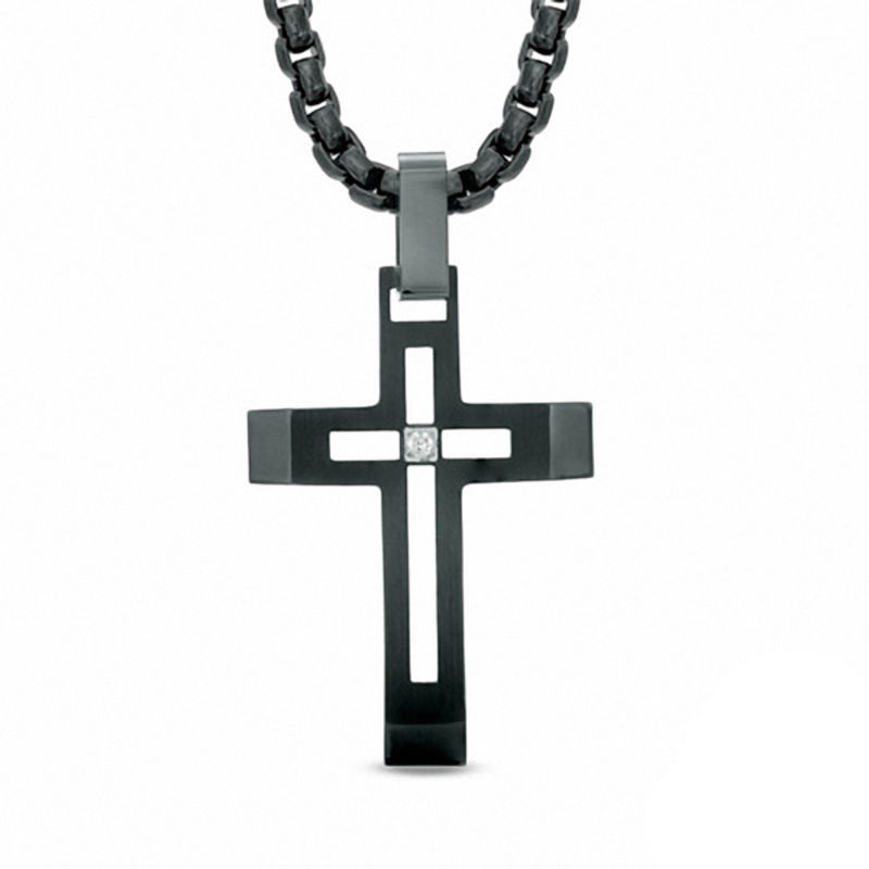 Main Image 1 of Men's Diamond Accent Cross Pendant in Black IP Stainless Steel - 24&quot;