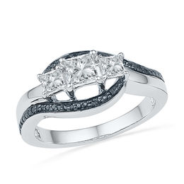 Princess-Cut Lab-Created White Sapphire and Black Diamond Accent Three Stone Promise Ring in Sterling Silver