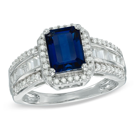 Emerald-Cut Lab-Created Blue and White Sapphire Ring in Sterling Silver ...