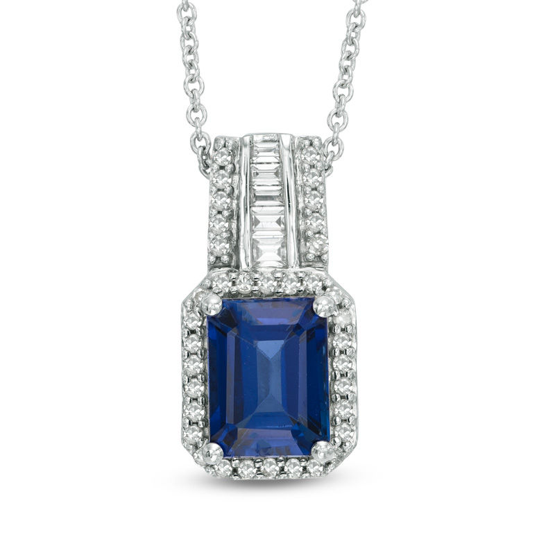 Emerald-Cut Lab-Created Blue and White Sapphire Pendant in Sterling ...