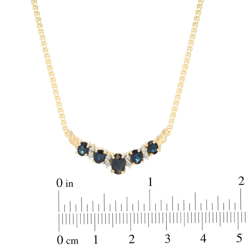 Main Image 2 of Oval Blue Sapphire and 1/8 CT. T.W. Diamond Five Stone Necklace in 14K Gold - 16&quot;