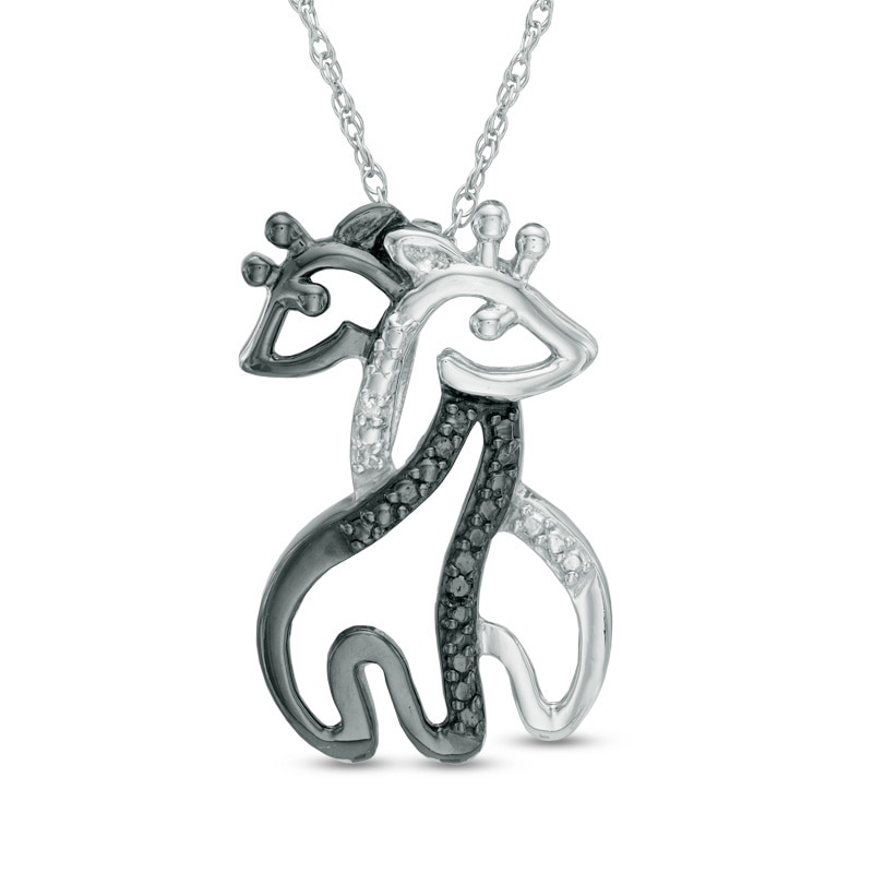 Main Image 1 of Enhanced Black and White Diamond Accent Hugging Giraffes Pendant in Sterling Silver with Black Rhodium