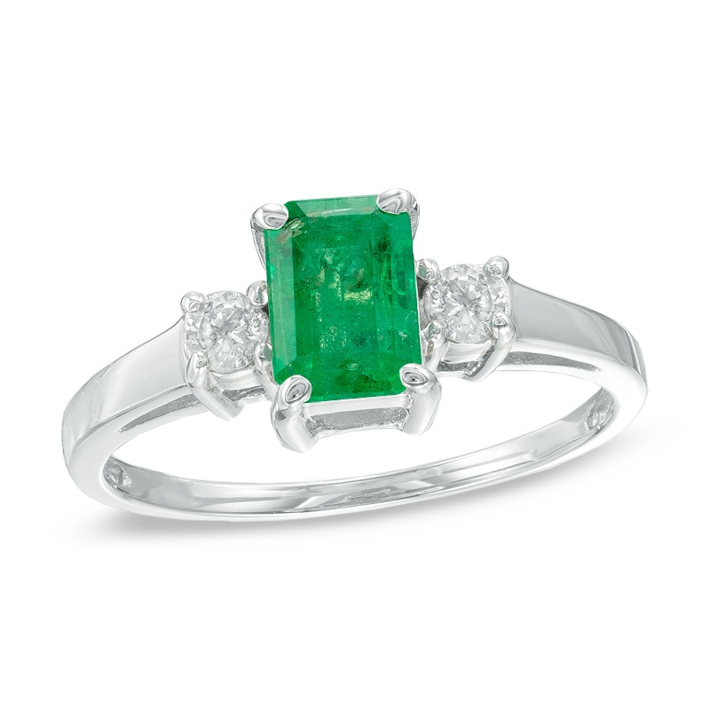 Emerald-Cut Emerald and 1/6 CT. T.W. Diamond Ring in 14K White Gold