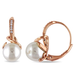 8.5-9 mm Cultured Pearl and .10 ct. t.w. Diamond Bow Earrings in Sterling  Silver