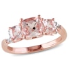 Thumbnail Image 0 of 6.0mm Cushion-Cut Morganite and Diamond Accent Three Stone Ring in Rose Rhodium Sterling Silver