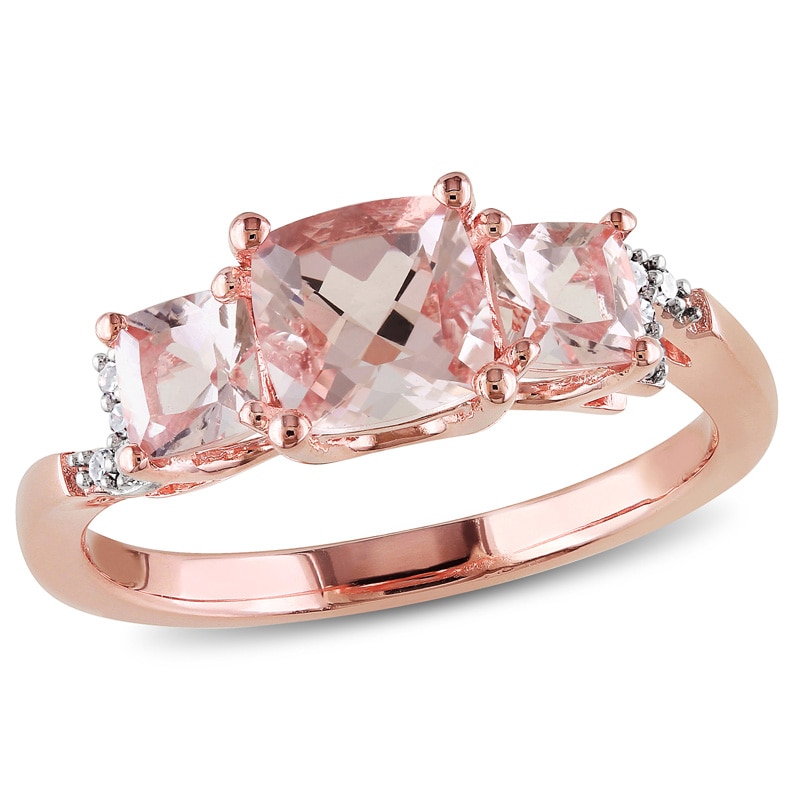 6.0mm Cushion-Cut Morganite and Diamond Accent Three Stone Ring in Rose Rhodium Sterling Silver