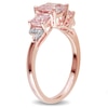 Thumbnail Image 1 of 6.0mm Cushion-Cut Morganite and Diamond Accent Three Stone Ring in Rose Rhodium Sterling Silver