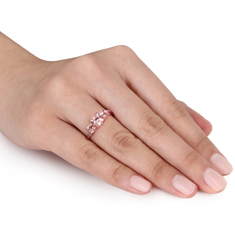6.0mm Cushion-Cut Morganite and Diamond Accent Three Stone Ring in Rose Rhodium Sterling Silver
