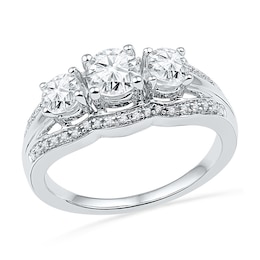 Lab-Created White Sapphire and Diamond Accent Frame Three Stone Engagement Ring in Sterling Silver