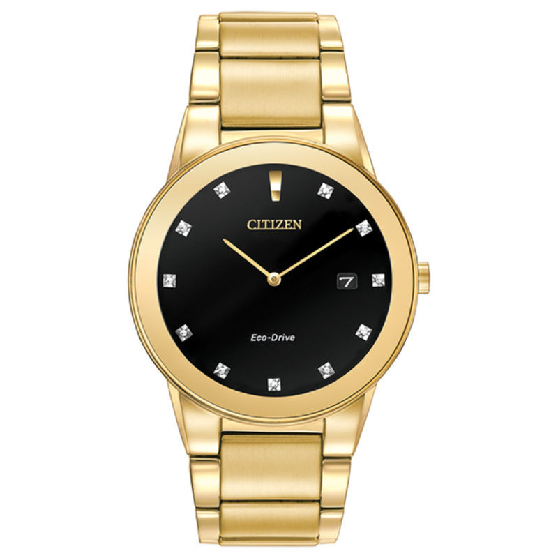 Men s Citizen Eco Drive Axiom Diamond Accent Gold Tone Watch with Black Dial Model AU1062 56G Zales Outlet