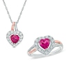 Thumbnail Image 1 of Heart-Shaped Lab-Created Ruby and White Sapphire Pendant and Ring Set in Sterling Silver and 14K Rose Gold Plate