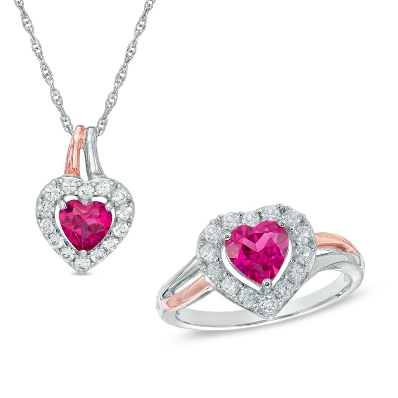 Main Image 1 of Heart-Shaped Lab-Created Ruby and White Sapphire Pendant and Ring Set in Sterling Silver and 14K Rose Gold Plate