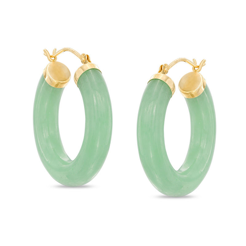 Main Image 1 of Dyed Green Jade Hoop Earrings in 14K Gold