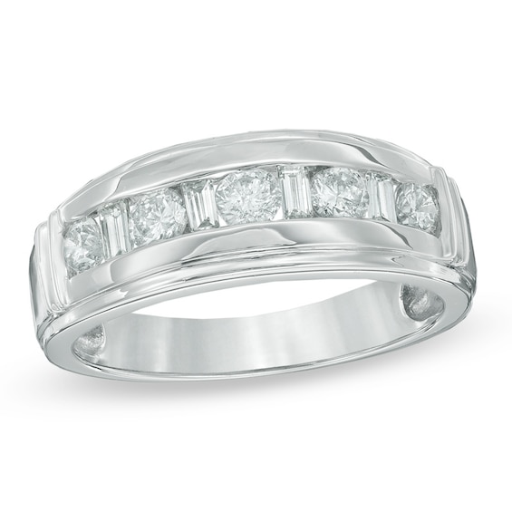 Men's 1 CT. T.W. Baguette and Round Diamond Wedding Band in 14K White ...