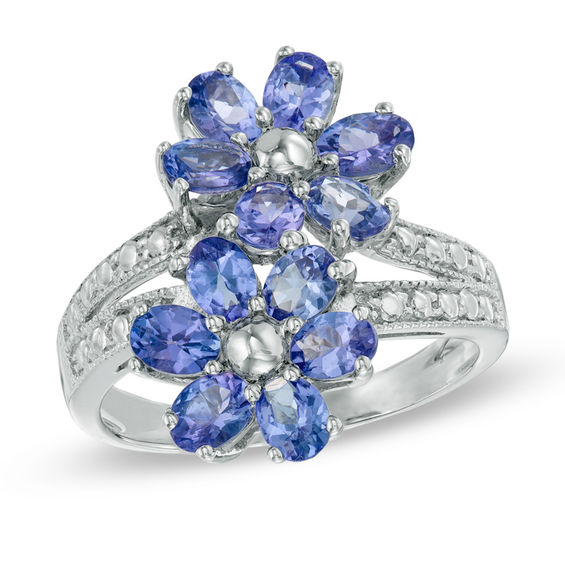 Zales sterling silver high quality oval-cut tanzanite & diamond flower ring size 9