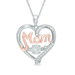 5.0mm Lab-Created  White Sapphire &quot;MOM&quot; Heart Pendant in Sterling Silver and 14K Rose Gold Plate