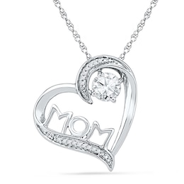 5.0mm Lab-Created White Sapphire and Diamond Accent &quot;MOM&quot; Tilted Heart Pendant in Sterling Silver