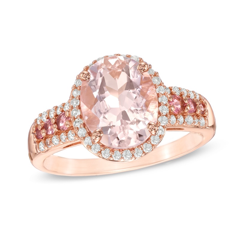 Oval Rose de France Amethyst, Pink Tourmaline and Lab-Created White Sapphire Frame Ring in 10K Rose Gold
