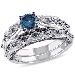 1 CT. T.W. Blue Diamond Vintage-Style Bridal Set in 10K White Gold