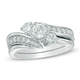 1 CT. T.W. Diamond Three Stone Slant Bridal Set in 14K White Gold