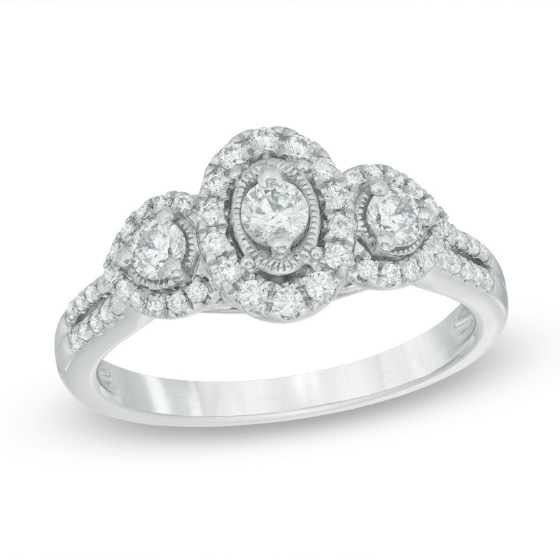 Main Image 1 of 1/2 CT. T.W. Diamond Past Present Future® Double Frame Engagement Ring in 14K White Gold