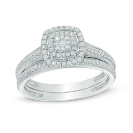 1/3 CT. T.W. Composite Diamond Double Square Frame Vintage-Style Bridal Set in 10K White Gold