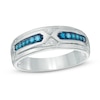 Thumbnail Image 1 of Men's 1/6 CT. T.W. Blue and White Diamond Pointed Double Ribbon Wedding Band in 10K White Gold