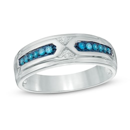 Men's 1/6 CT. T.W. Blue and White Diamond Pointed Double Ribbon Wedding Band in 10K White Gold