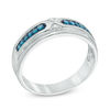 Thumbnail Image 2 of Men's 1/6 CT. T.W. Blue and White Diamond Pointed Double Ribbon Wedding Band in 10K White Gold