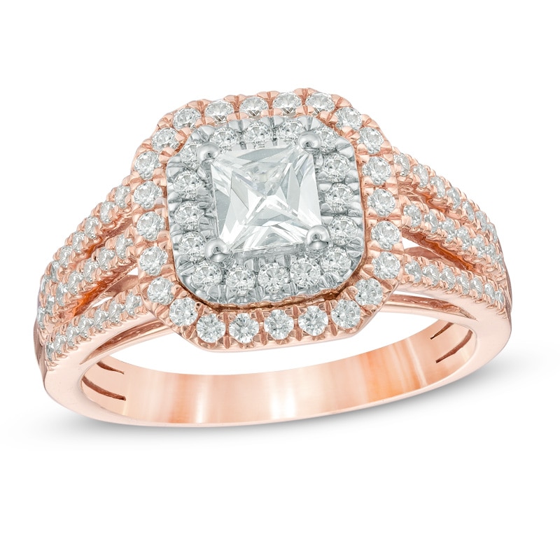 Main Image 1 of 1-1/5 CT. T.W. Princess-Cut Diamond Double Frame Split Shank Engagement Ring in 14K Rose Gold