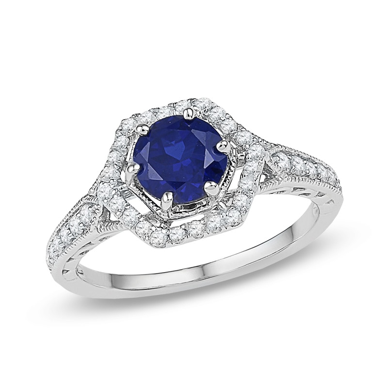 Main Image 2 of 7.0mm Lab-Created Blue Sapphire and 3/8 CT. T.W. Diamond Bridal Set in 10K White Gold