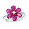 Thumbnail Image 0 of Lab-Created Ruby Flower Ring in Sterling Silver with Lab-Created White Sapphire and Diamond Accents