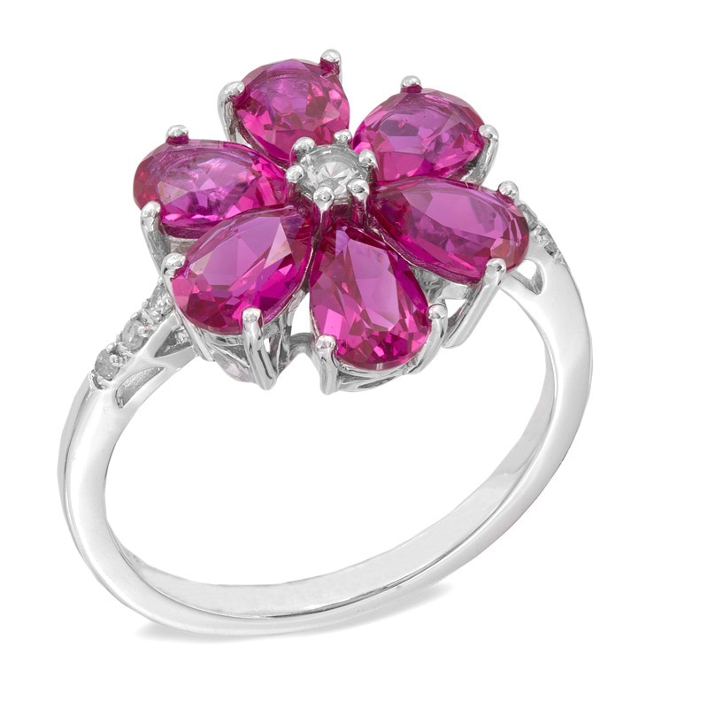Lab-Created Ruby Flower Ring in Sterling Silver with Lab-Created White Sapphire and Diamond Accents