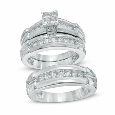 3 4 Ct T W Quad Princess Cut Diamond Trio Bridal Set In 14k White