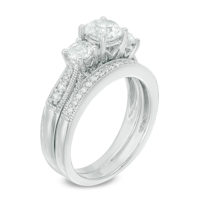 Main Image 2 of 6.0mm Lab-Created White Sapphire Three Stone Bridal Set in Sterling Silver