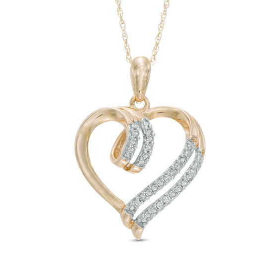 1/10 CT. T.W. Diamond Double Row Heart Pendant in 10K Gold | Heart ...