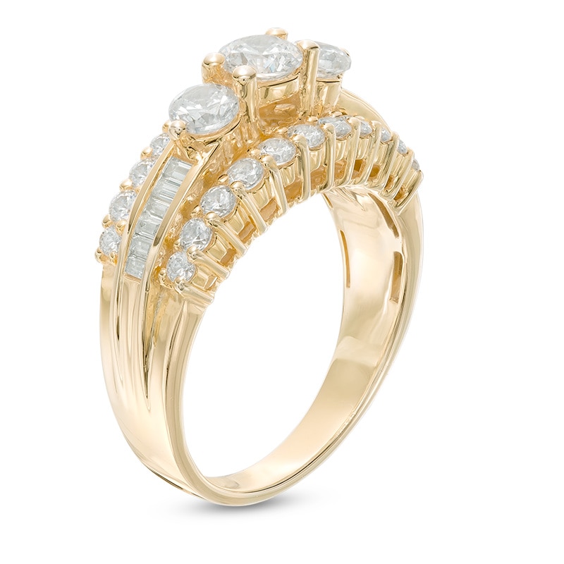 1-1/2 CT. T.W. Baguette and Round Diamond Past Present Future® Engagement Ring in 14K Gold