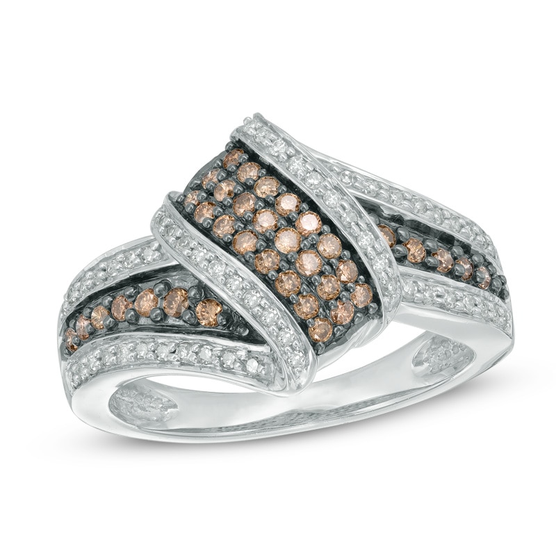 Main Image 1 of 1/2 CT. T.W. Champagne and White Diamond Bypass Ring in 10K White Gold