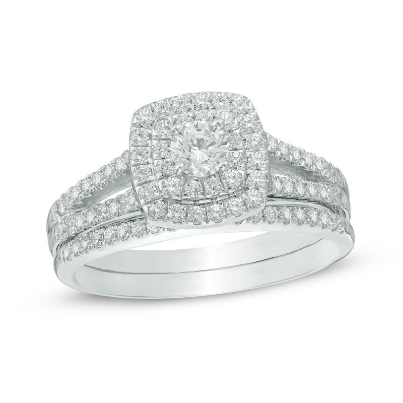 Main Image 1 of 3/4 CT. T.W. Diamond Cushion-Shaped Double Frame Split Shank Bridal Set in 10K White Gold