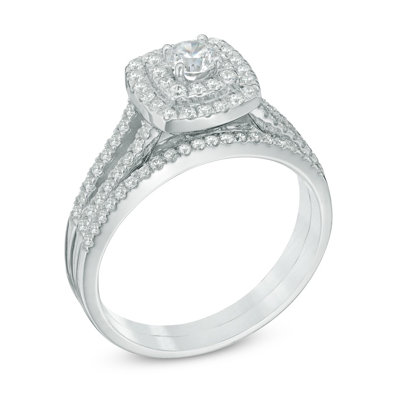 Main Image 2 of 3/4 CT. T.W. Diamond Cushion-Shaped Double Frame Split Shank Bridal Set in 10K White Gold