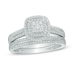 1/2 CT. T.W. Multi-Diamond Double Square Frame Bridal Set in 10K White Gold