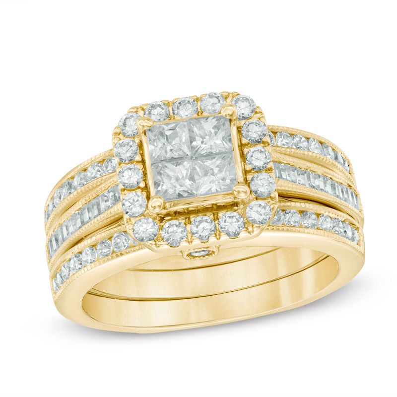 1-1/2 CT. T.W. Quad Princess-Cut Diamond Frame Bridal Set in 14K Gold ...