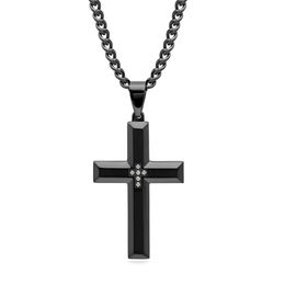 Men's Diamond Accent Bevelled Edge Satin Cross Pendant in Stainless Steel with Black IP - 24&quot;