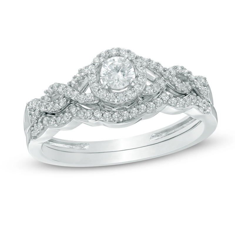 Main Image 1 of 3/8 CT. T.W. Diamond Frame Loose Braid Bridal Set In 10K White Gold