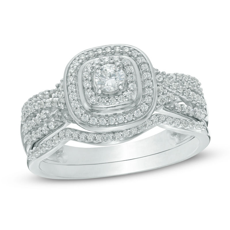 Main Image 1 of 1/2 CT. T.W. Diamond Cushion Frame Twist Shank Bridal Set In 10K White Gold