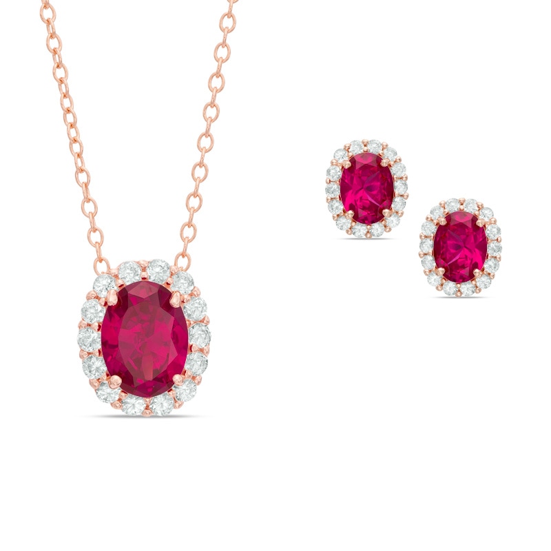 Oval Lab-Created Ruby and White Sapphire Frame Pendant and Earrings Set ...