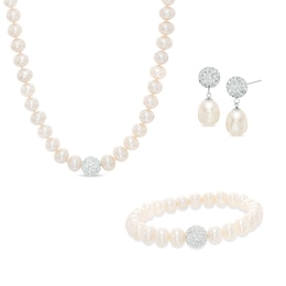 7.0-9.0mm Freshwater Cultured Pearl and Crystal Necklace, Bracelet and Drop Earrings Set in Sterling Silver