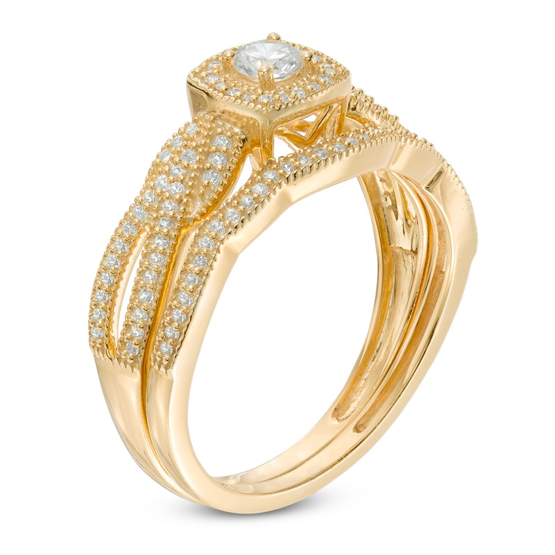 Main Image 2 of 1/3 CT. T.W. Diamond Cushion Frame Vintage-Style Twist Shank Bridal Set in 10K Gold