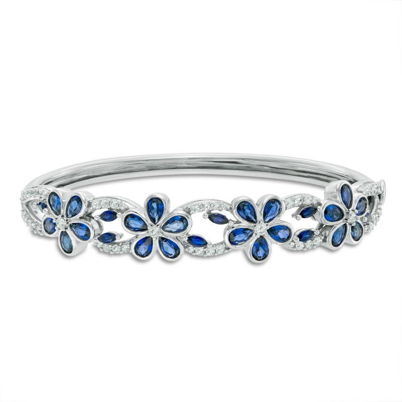 Lab-Created Blue and White Sapphire Flower Bangle in Sterling Silver
